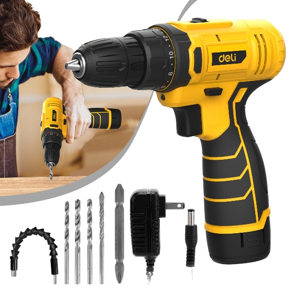 Deli 12V Max Lithium-Ion Cordless Drill Driver Set, Electric Screwdriver Driver Tool Kit, 3/8" Keyless Chuck, with 2.0Ah Battery, Charger